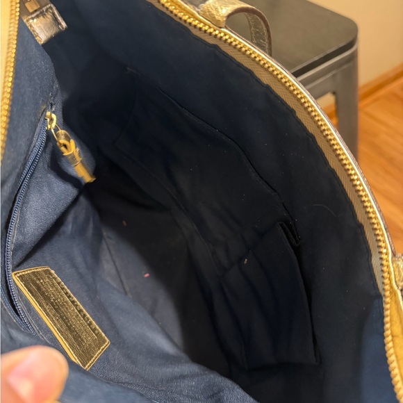 Coach Y2K Blue Gold Script Canvas Tote Shoulder Bag Hearts Charm Zip Top - Picture 16 of 16